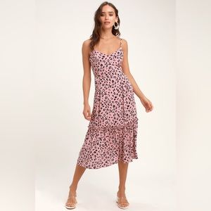Lulus Small Pink Leopard Print Midi Dress Summer‎ Spring Fall Vacation Dress